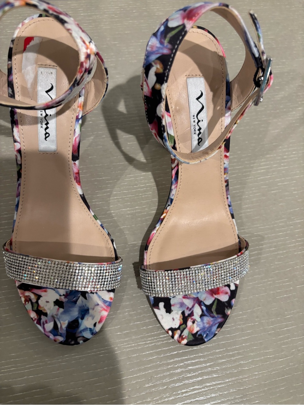 Nina Floral Rhinestone Ankle-Strap Heels - Black Multicolor